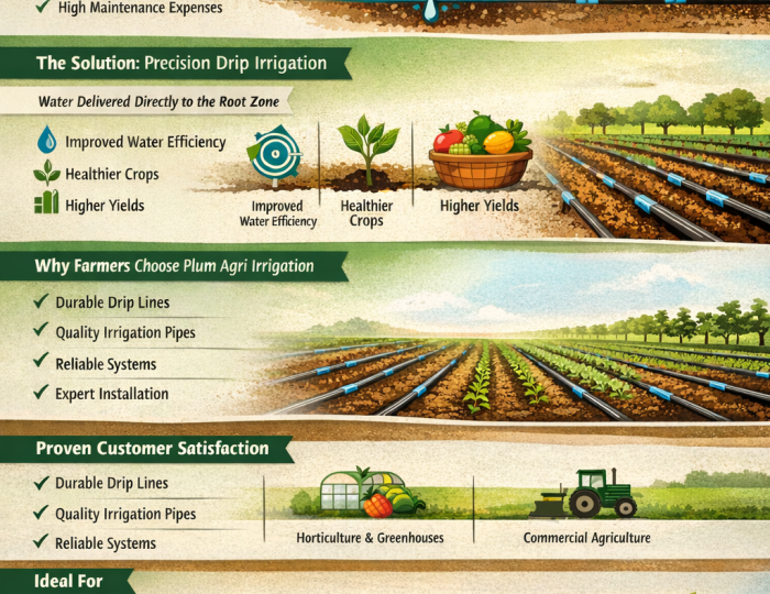 Infographic titled “Drip Irrigation Systems in Kenya” showing how Plum Agri Irrigation improves farm productivity through durable drip lines, quality irrigation pipes and precision water delivery directly to crop root zones