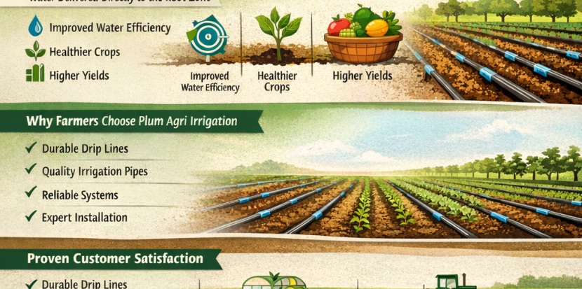 Infographic titled “Drip Irrigation Systems in Kenya” showing how Plum Agri Irrigation improves farm productivity through durable drip lines, quality irrigation pipes and precision water delivery directly to crop root zones