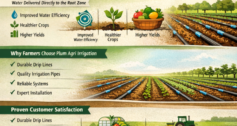 Infographic titled “Drip Irrigation Systems in Kenya” showing how Plum Agri Irrigation improves farm productivity through durable drip lines, quality irrigation pipes and precision water delivery directly to crop root zones